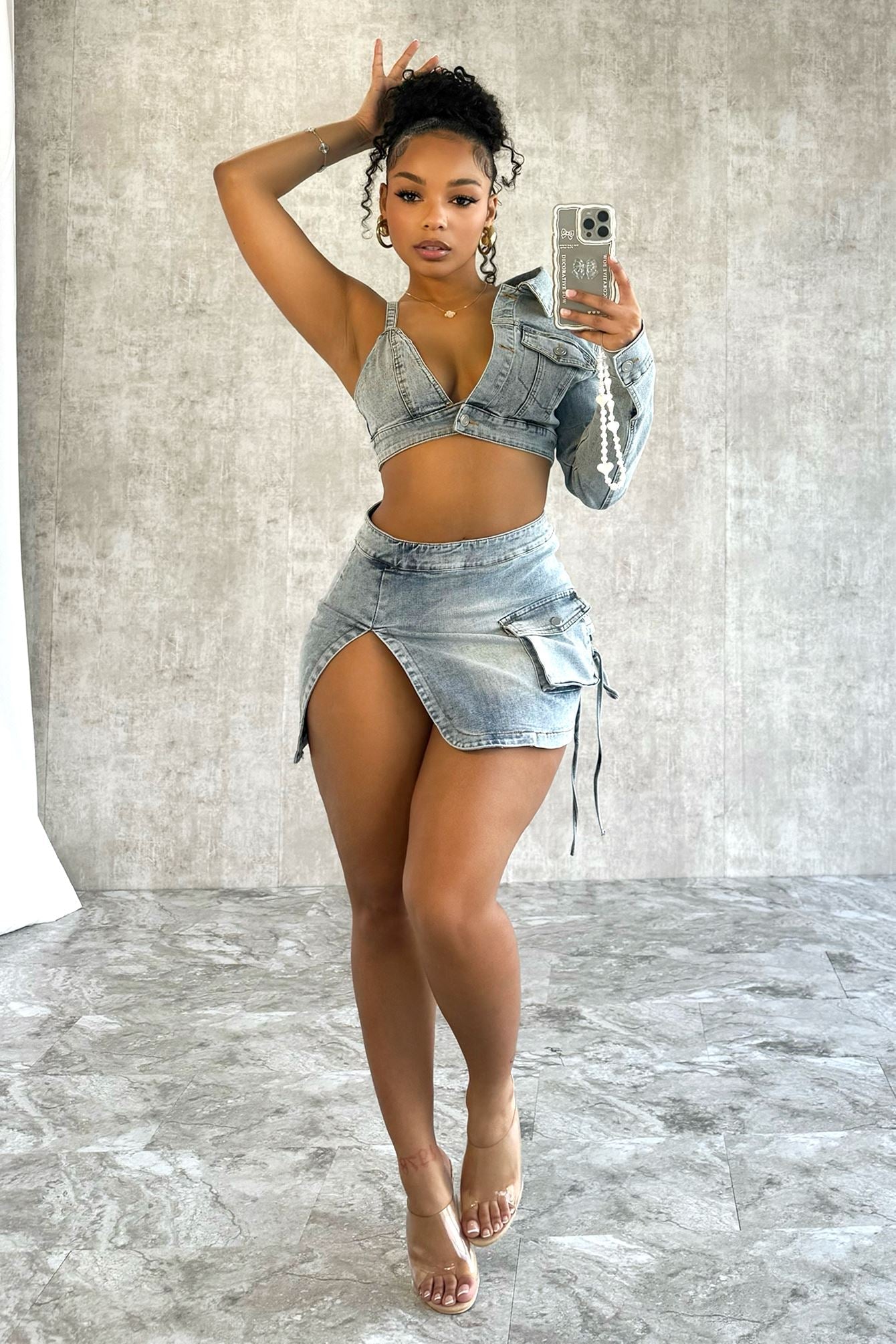 One Of Kind Denim Crop Top & Cargo Mini Skirt Set