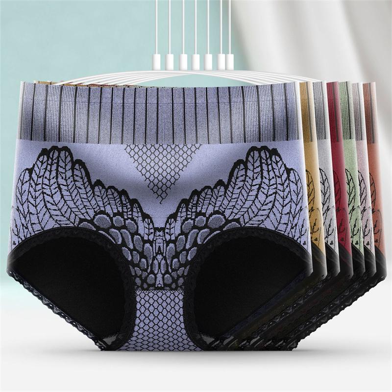 High waist hip graphene antibacterial seamless underwear peacock feather embroidered panties