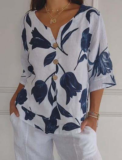 Blue Floral Print White Top